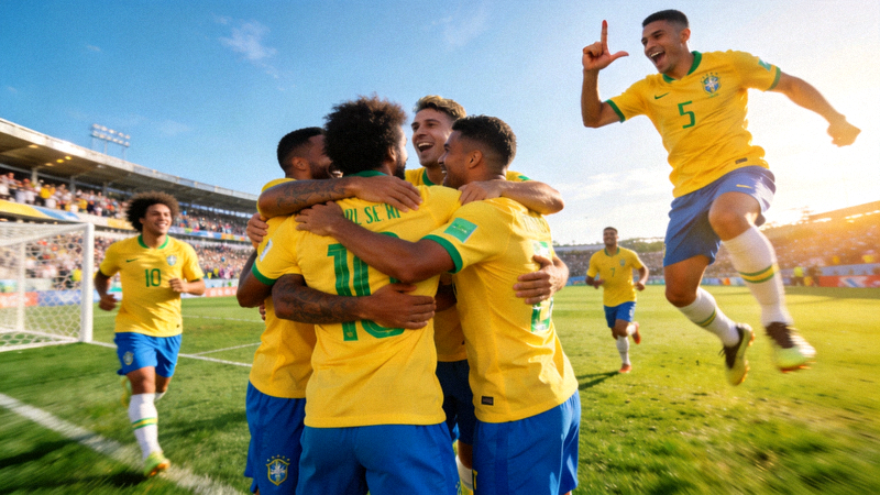 巴西国家男子足球队在绿茵场上庆祝进球的精彩瞬间
